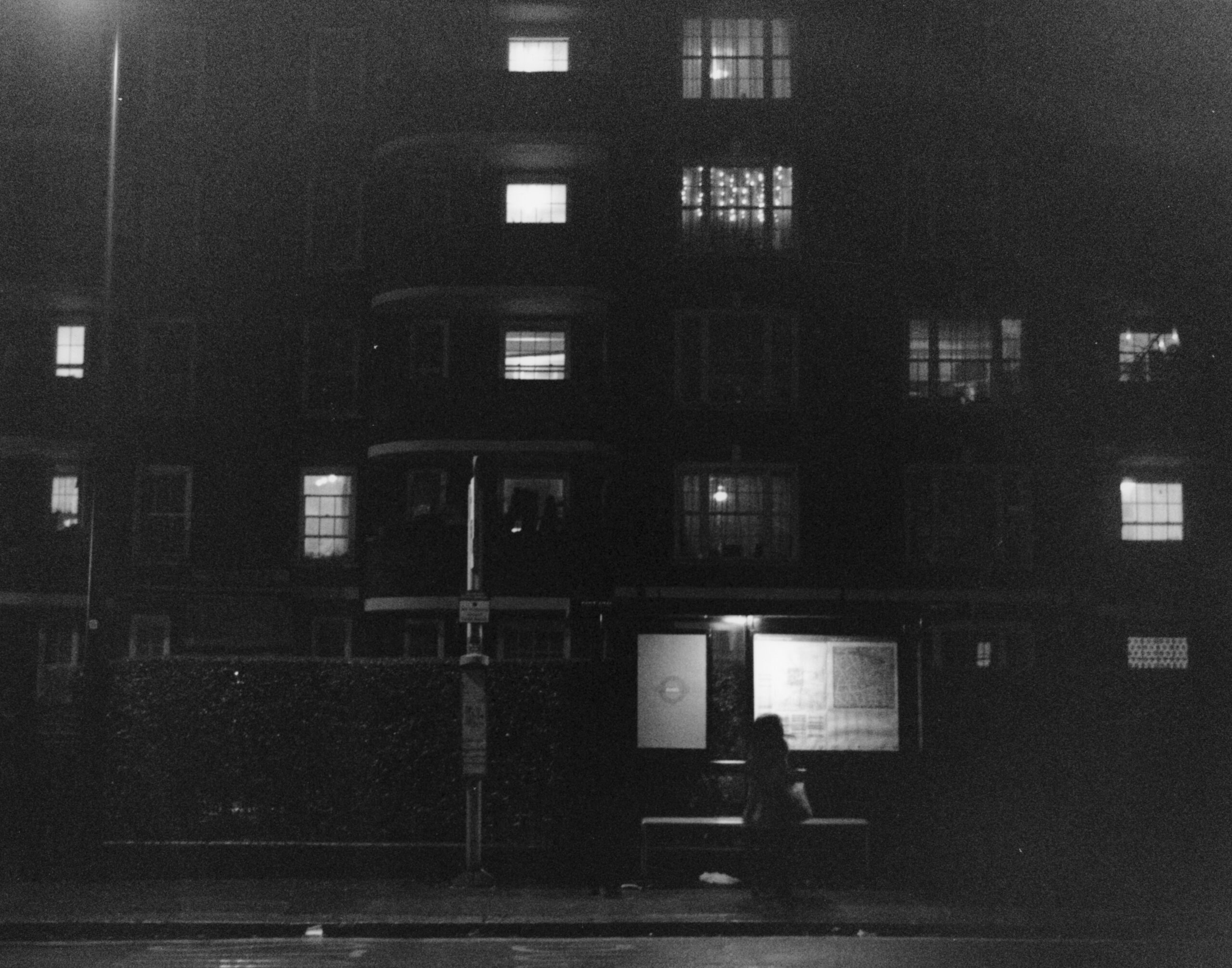 B&W photography by Thomas Beswick, Filmmaker based in Tokyo. Winter Wonderland Series 'London bus stop'